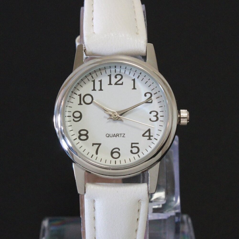 Ladies Easy Reader Dress Watch Silver Tone White Strap Arabic Numerals 28mm - Picture 6 of 12
